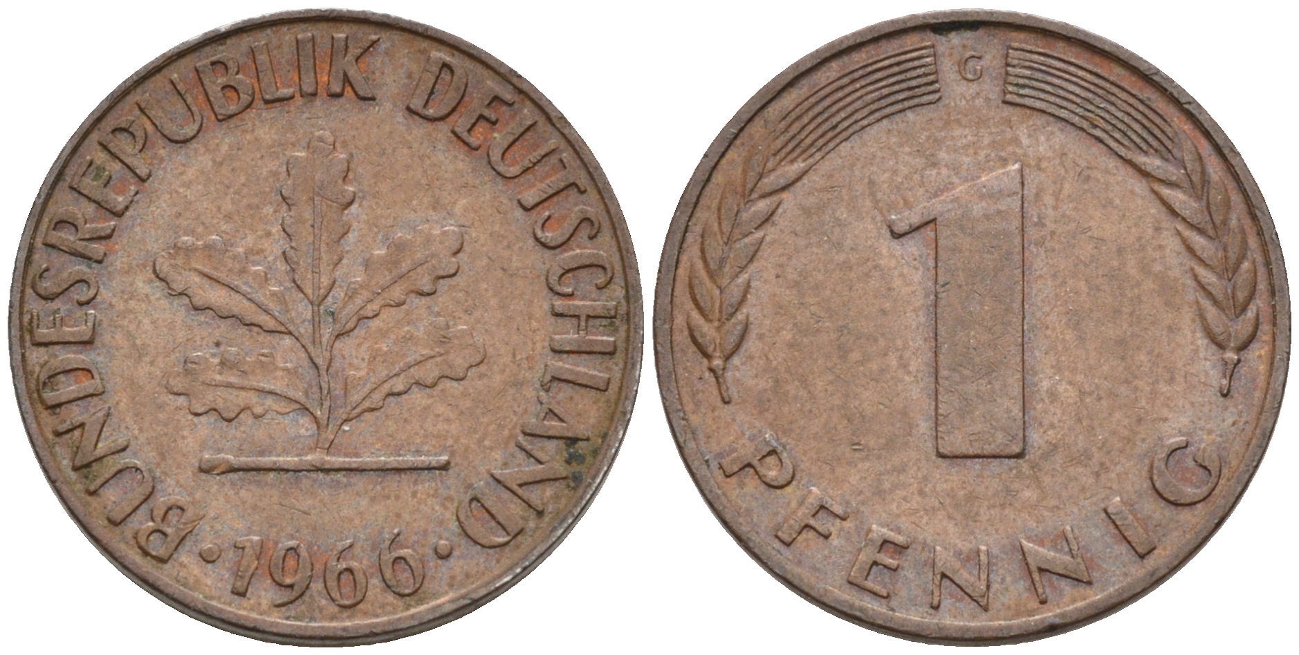 ФРГ 1 пфенниг 1966 G KM 105, J. 380 сталь плакированная медью    4115-117