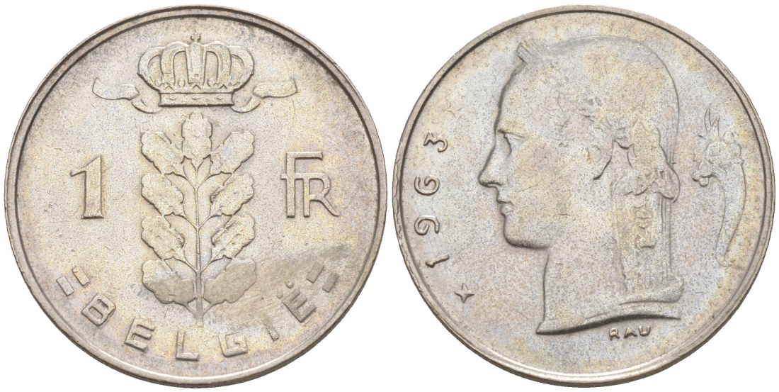 БЕЛЬГИЯ 1 ФРАНК 1963 BELGIE KM 143.1 медно-никель 68-534