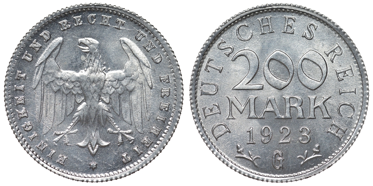 Германия 200 марок 1923 G KM 35, J. 304, Weege 22 алюминий 4121-1225