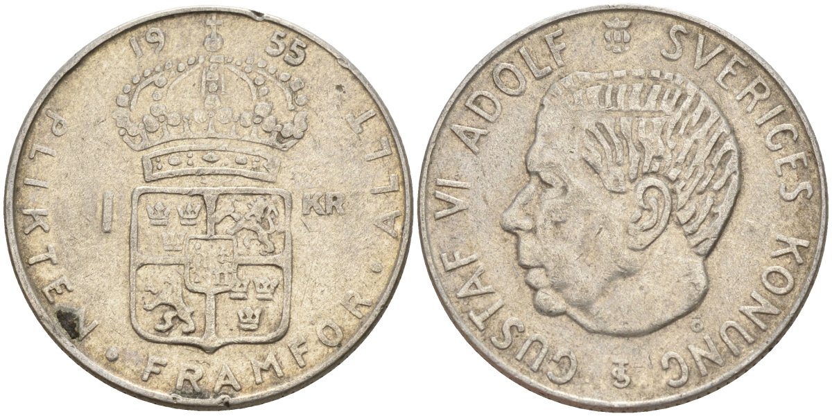 Швеция 1 крона 1955 TS, Густав VI Адольф (1950-1973) KM 826 серебро 4148-1145