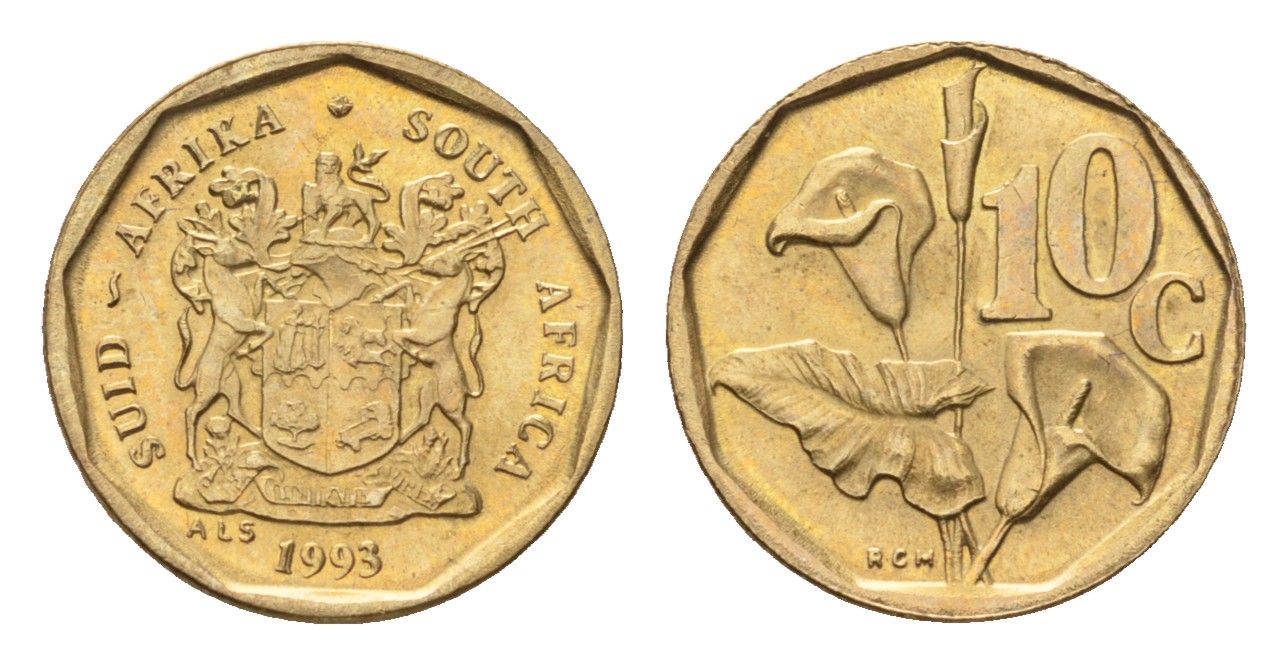 ЮАР 10 центов 1993 герб, цветок алоэ KM 135 сталь плакированная бронзой UNC 4694-661