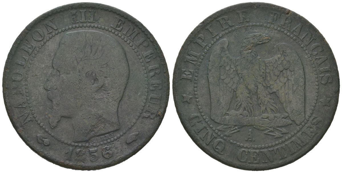 Франция 5 сантимов 1856 A, Наполеон III (1852-1870) KM 777.1 бронза 4579-122