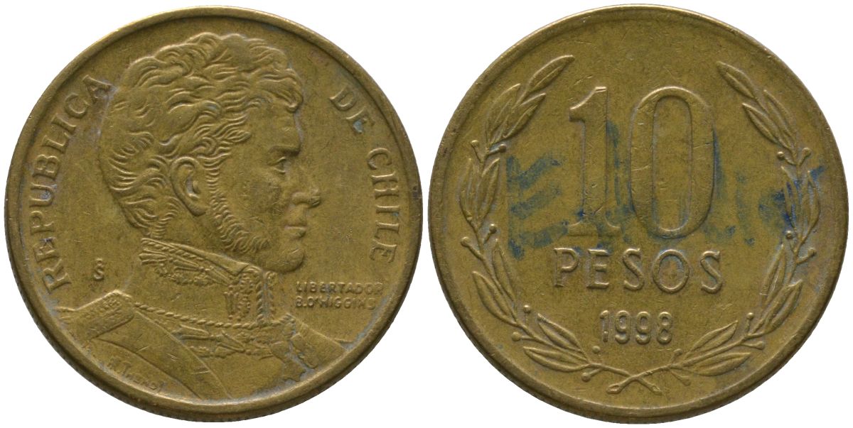 Чили 10 песо 1998 So KM 228.2, Schon 82 алюминиевая бронза 4544-632