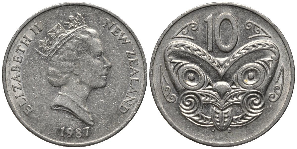 Новая Зеландия 10 центов 1987 Елизавета II (1952-2022), маска маори KM 61 медно-никель 4579-953