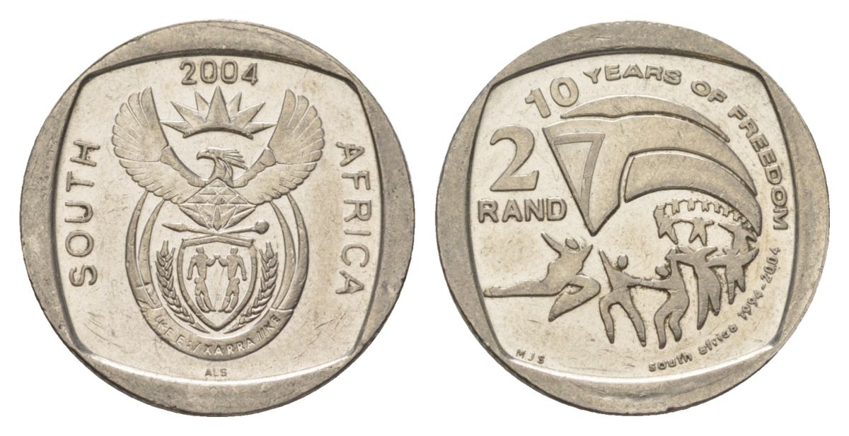 ЮАР 2 ранда 2004 10 лет первым всеобщим выборам KM 334 медь плакированная никелем UNC 4628-124