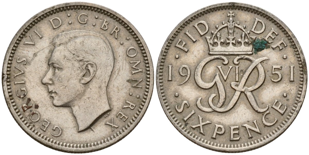 Великобритания 6 пенсов 1951 Георг VI (1936-1952) KM 875, Spink 4110 медно-никель 4151-1262
