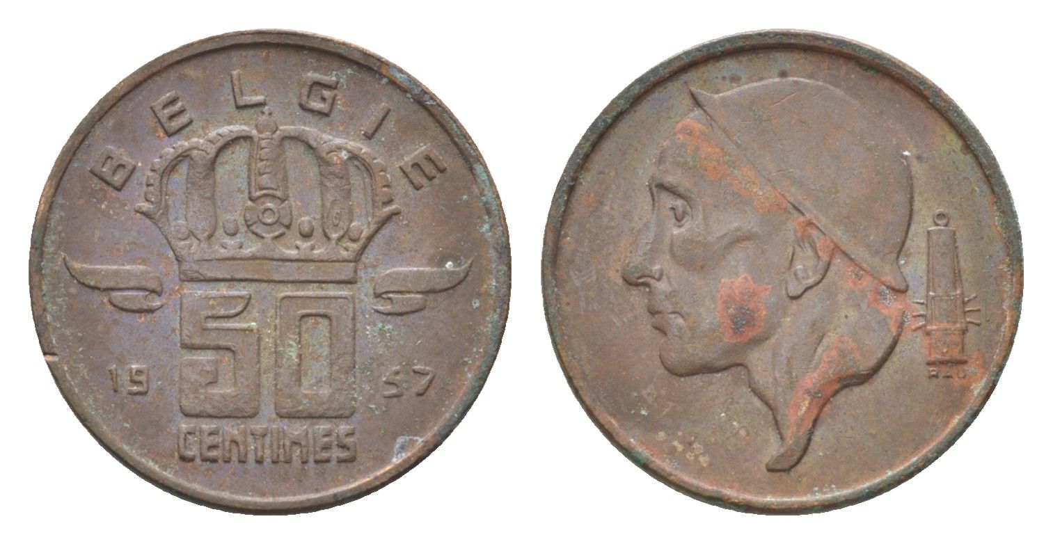 Бельгия 50 сантимов 1957 Belgie, Бодуэн I (1951-1993) KM 149 бронза 4705-254