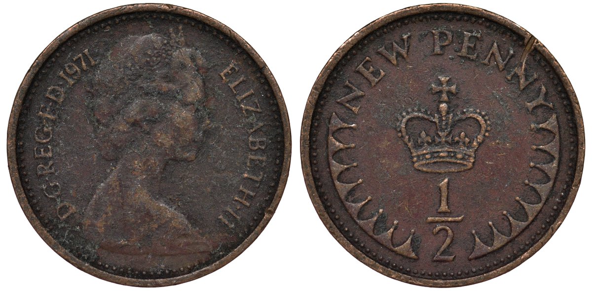 Великобритания 1/2 пенни 1971 Елизавета II (1952-2022) KM 914, Spink 4239 бронза 4124-559