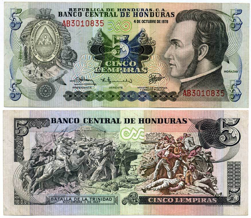 ГОНДУРАС 5 ЛЕМПИРА 1978 4 ОКТЯБРЯ 1978, ФРАНСИСКО МОРАСАН, СЦЕНА БИТВЫ ЗА ТРИНИДАД Pick 63a бумага 8592-25-1-1