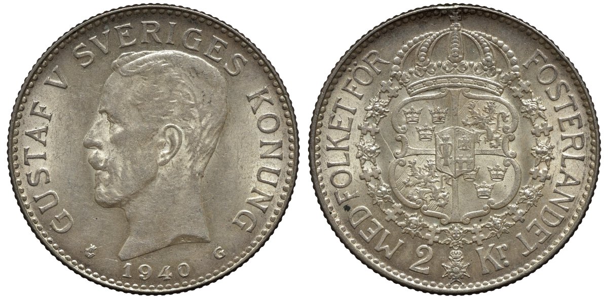 Швеция 2 кроны 1940 G, Густав V (1907-1950) KM 787 серебро 00-00