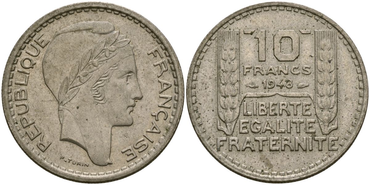 Франция 10 франков 1948 тип Пьер Турин KM 909.1, Le Franc 362.3 медно-никель 4120-1231