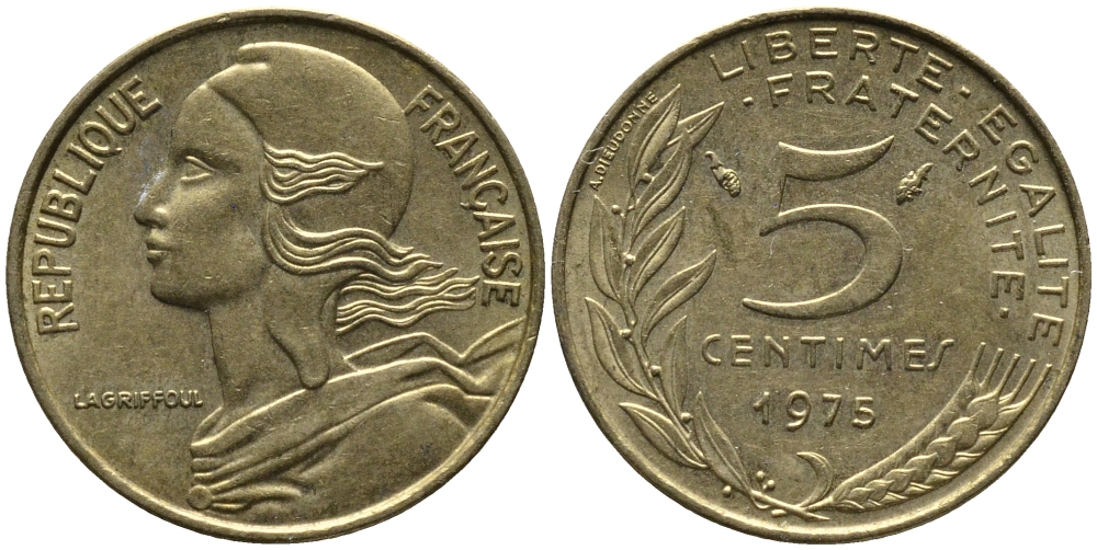 ФРАНЦИЯ 5 САНТИМОВ 1975 ТИП MARIANNE KM 933 медь алюминий никель 261-635