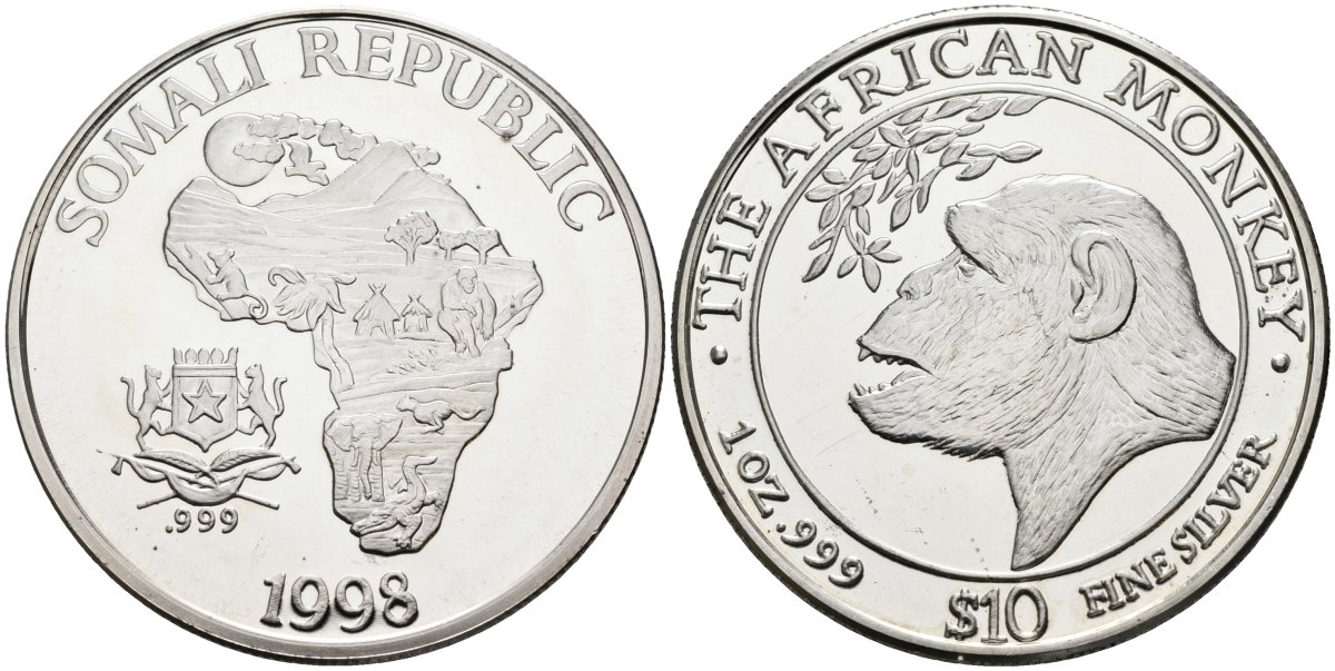Сомали 10 долларов 1998 UNUSUAL, африканские обезьяны, вес 1 OZ, проба 0,999 KM X#9 серебро PROOF 11-320-34