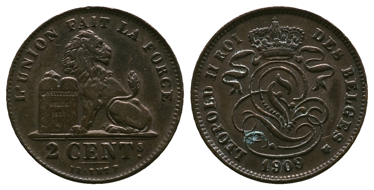 БЕЛЬГИЯ 2 САНТИМА 1909 BELGES KM 35.1 медь 261-1055