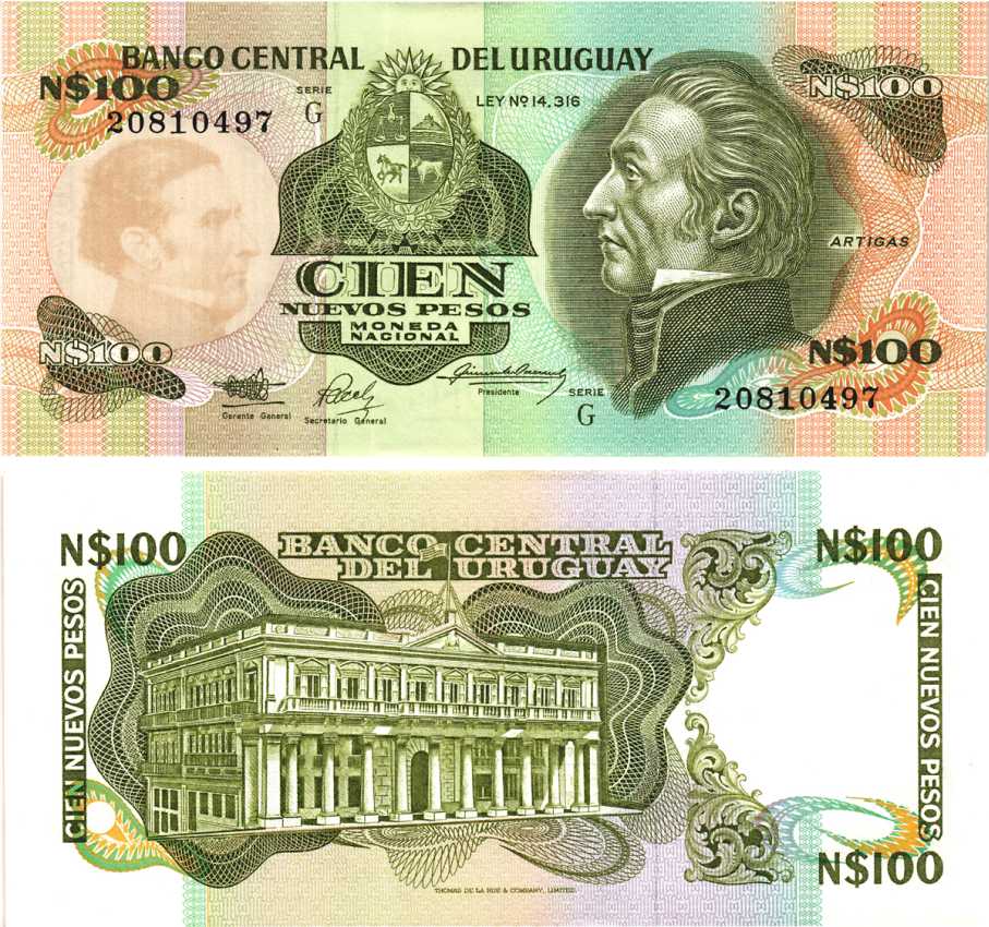 Уругвай 100 новых песо ND (1987) серия G, Хосе Хервасио Артигас Pick 62A бумага UNC (пресс) 8589-15-3-1