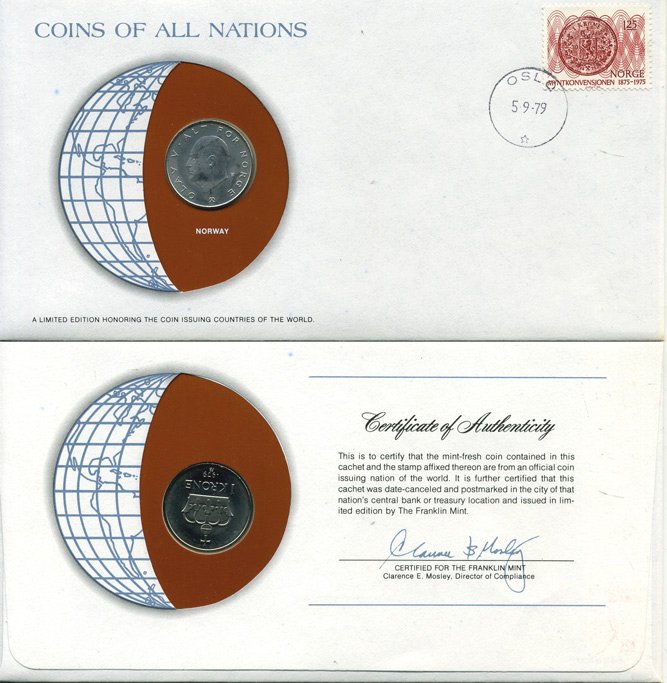 НОРВЕГИЯ 1 КРОНА 1979 монета в конверте с маркой и спецгашением UNC 4294-17-3