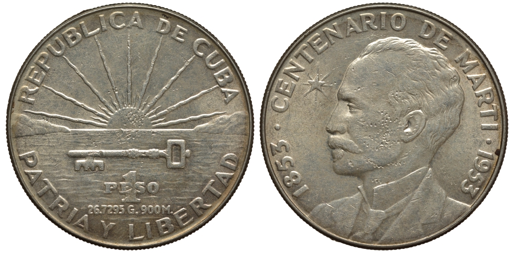 Куба 1 песо 1953 100 лет со дня рождения Хосе Марти KM 29 серебро 650-344