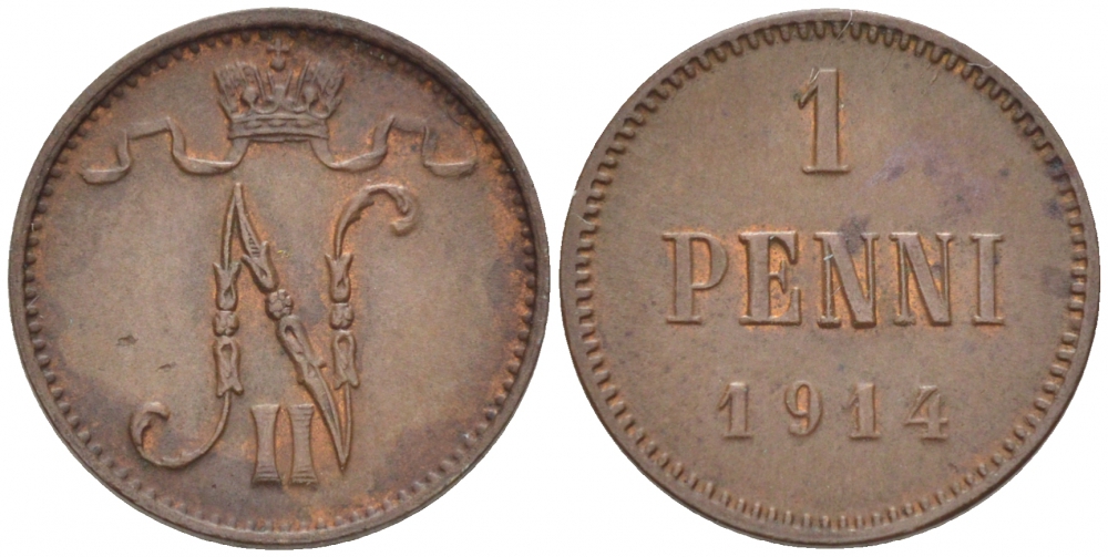Россия для Финляндии 1 пенни 1914 Николай II (1894-1917) KM 13, Биткин 474 медь 4396-1416