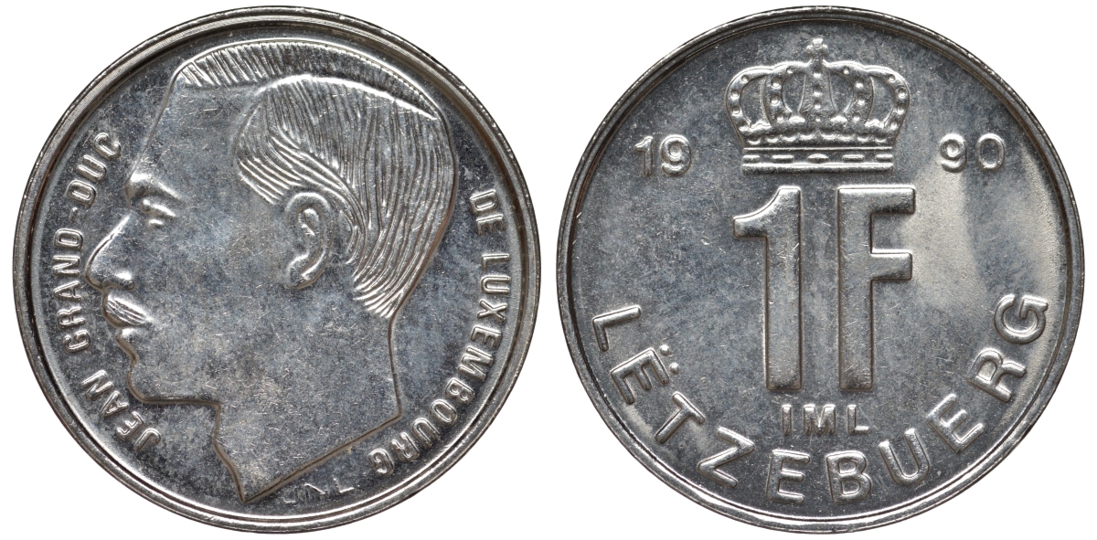Люксембург 1 франк 1990 Герцог Жан (1964-1999) KM 63 сталь плакированная никелем 4532-811