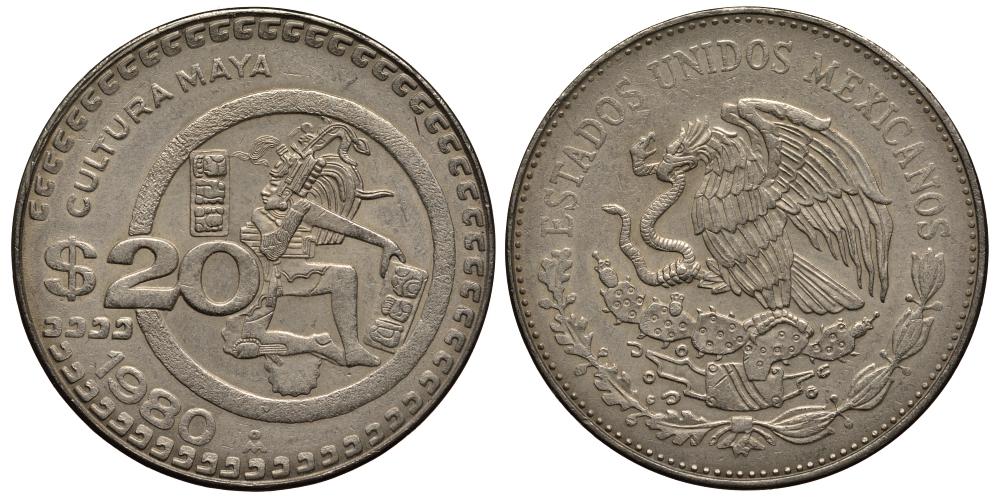 МЕКСИКА 20 ПЕСО 1980 КУЛЬТУРА МАЙЯ KM 486 медно-никель VF+ 118-931