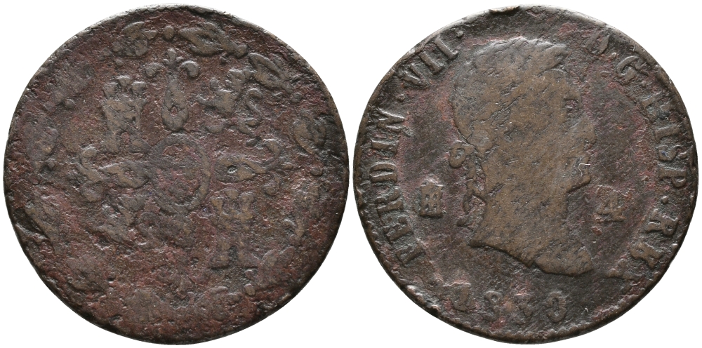 ИСПАНИЯ 4 МАРАВЕДИ 1830 ФЕРДИНАНД VII (1808-1833) KM 489.2 (С117.2) медь 28-1011