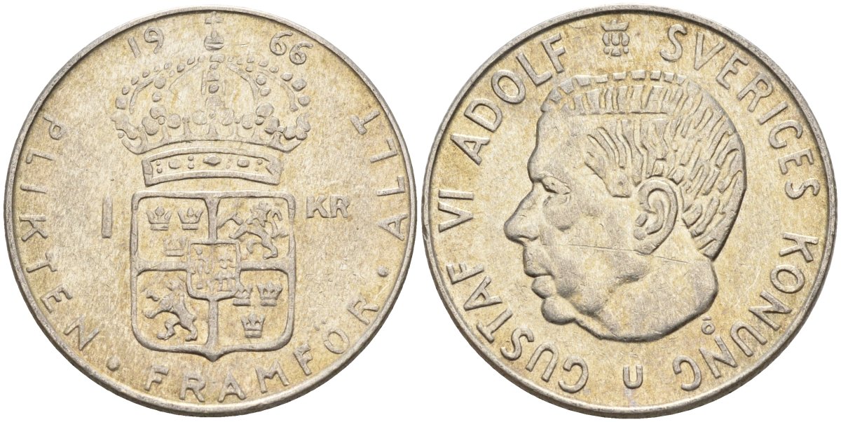 Швеция 1 крона 1966 U, Густав VI Адольф (1950-1973) KM 826 серебро 4150-221
