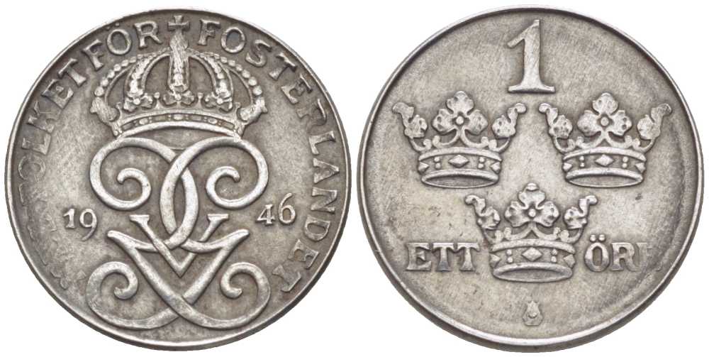 Швеция 1 эре 1946 Густав V (1907-1950) KM 810 железо 116-1129