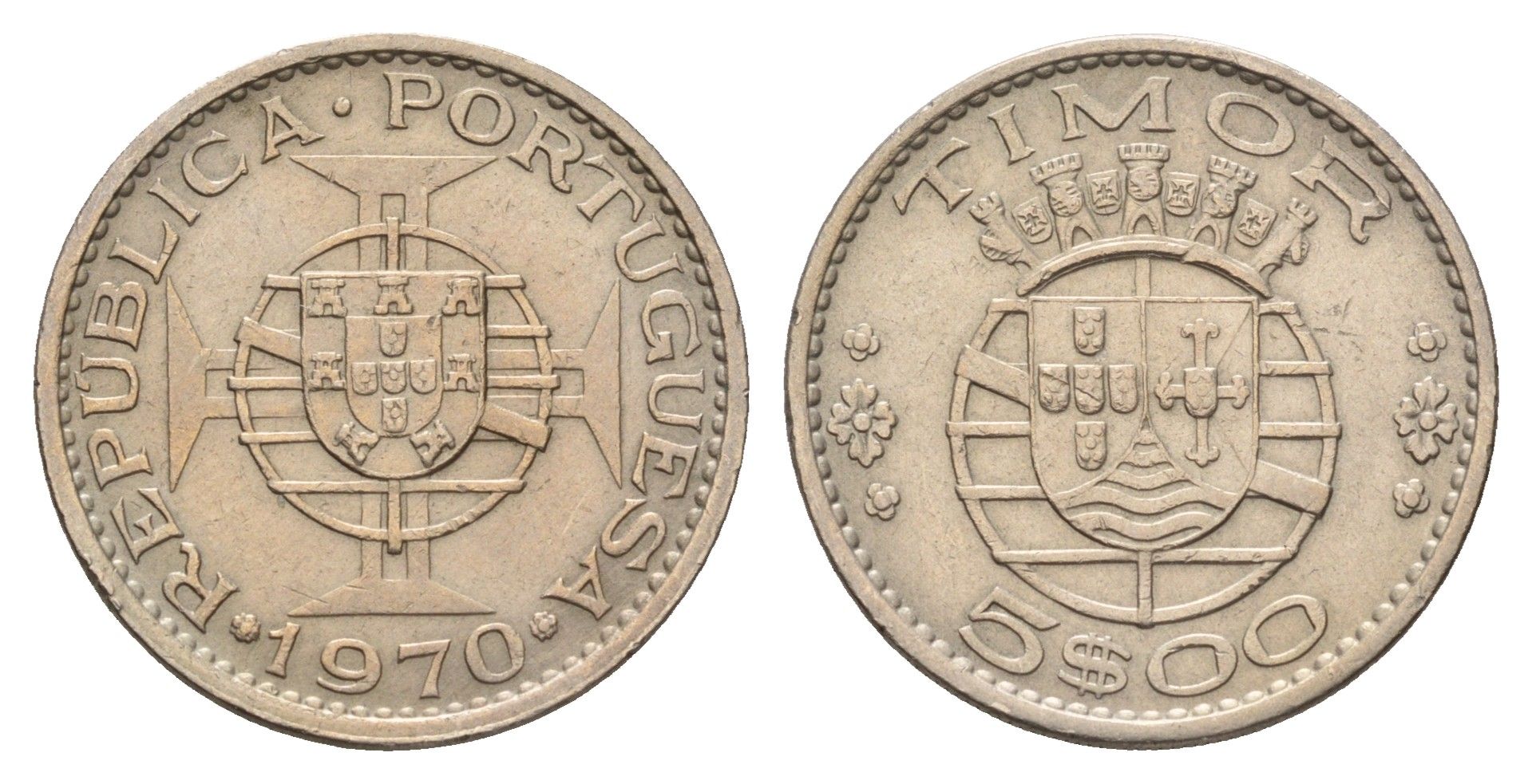Португальский Тимор 5 эскудо 1970 год-тип KM 21 медно-никель 4671-744