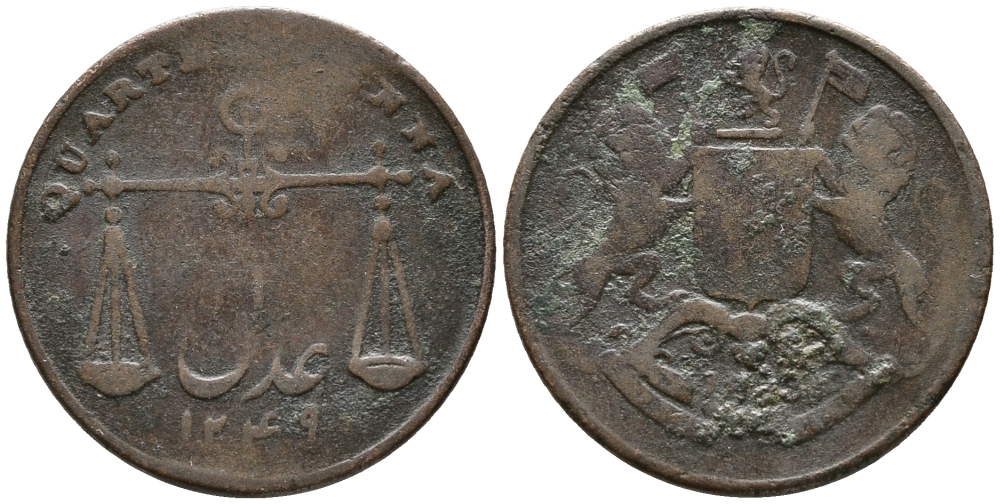 Британская Индия 1/4 анна 1833 год 1249, Бомбейское президентство, монетный двор Калькутта, большие английские буквы KM 232 медь 34-752