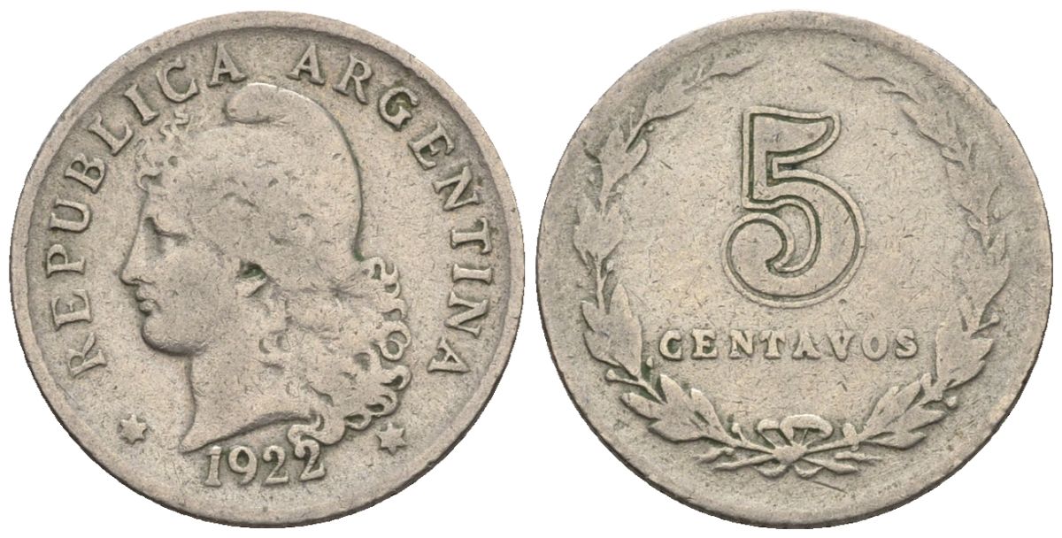 Аргентина 5 сентаво 1922 голова свободы влево KM 34, CJ 153, Schon 37 медно-никель    4609-1126