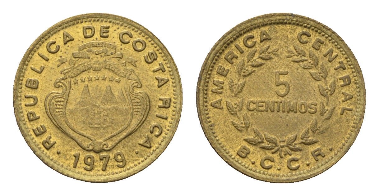 Коста-Рика 5 сентимо 1979 год-тип KM 184.3a латунь UNC 4697-236