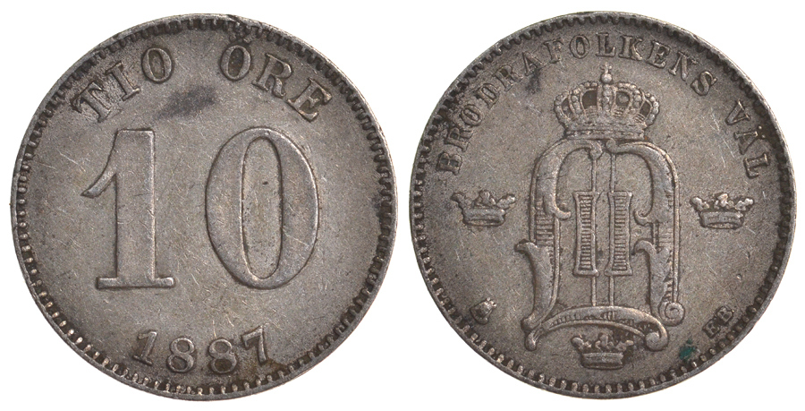 Швеция 10 эре 1887 Оскар II (1872-1907) король Швеции и Норвегии KM 755 серебро 4179-522