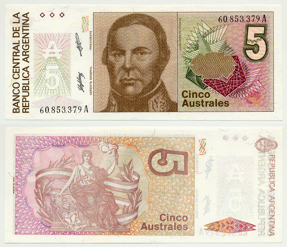АРГЕНТИНА 5 АУСТРАЛЕЙ 1987 СЕРИЯ А 60853, ХОСЕ де УРКИСА, ПРЕЗИДЕНТ АРГЕНТИНСКОЙ КОНФЕДЕРАЦИИ (1856-1860) Pick 324а бумага UNC (ПРЕСС) 6301-6-1