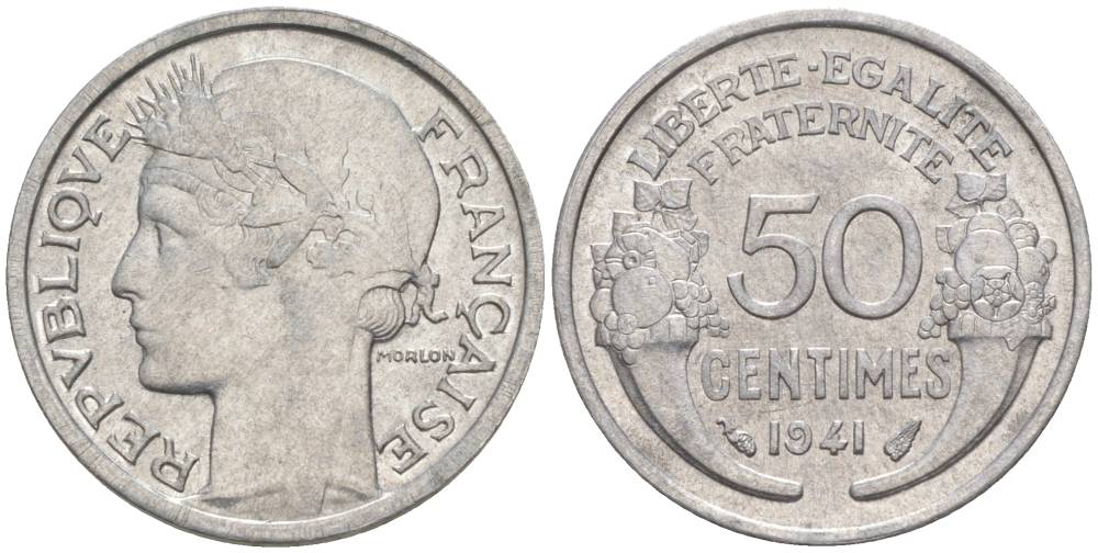 ФРАНЦИЯ 50 САНТИМОВ 1941 ТИП MORLON LOURDE KM 894.1a, LE FRANC 193.2 алюминий 44-316