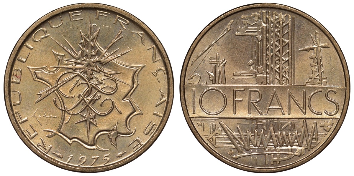 Франция 10 франков 1975 тип Матье KM 940, Le Franc 365.5-6 никель латунь 4123-612