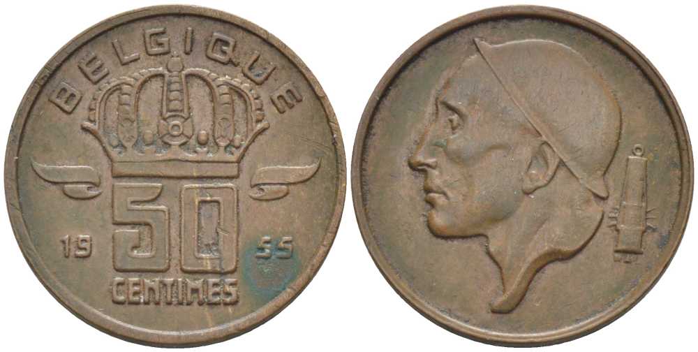 БЕЛЬГИЯ 50 САНТИМОВ 1955 BELGIQUE, БОДУЭН I (1951-1993) KM 144 бронза 116-1013