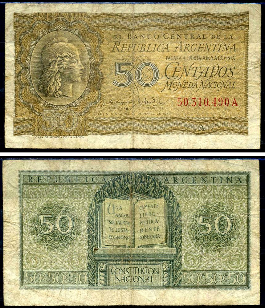 Аргентина 50 сентаво 1947 Свобода, конституция Аргентины Pick 259 b бумага 7198-3-2-1