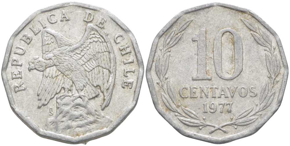 Чили 10 сентаво 1977 KM 205a алюминий 4402-414