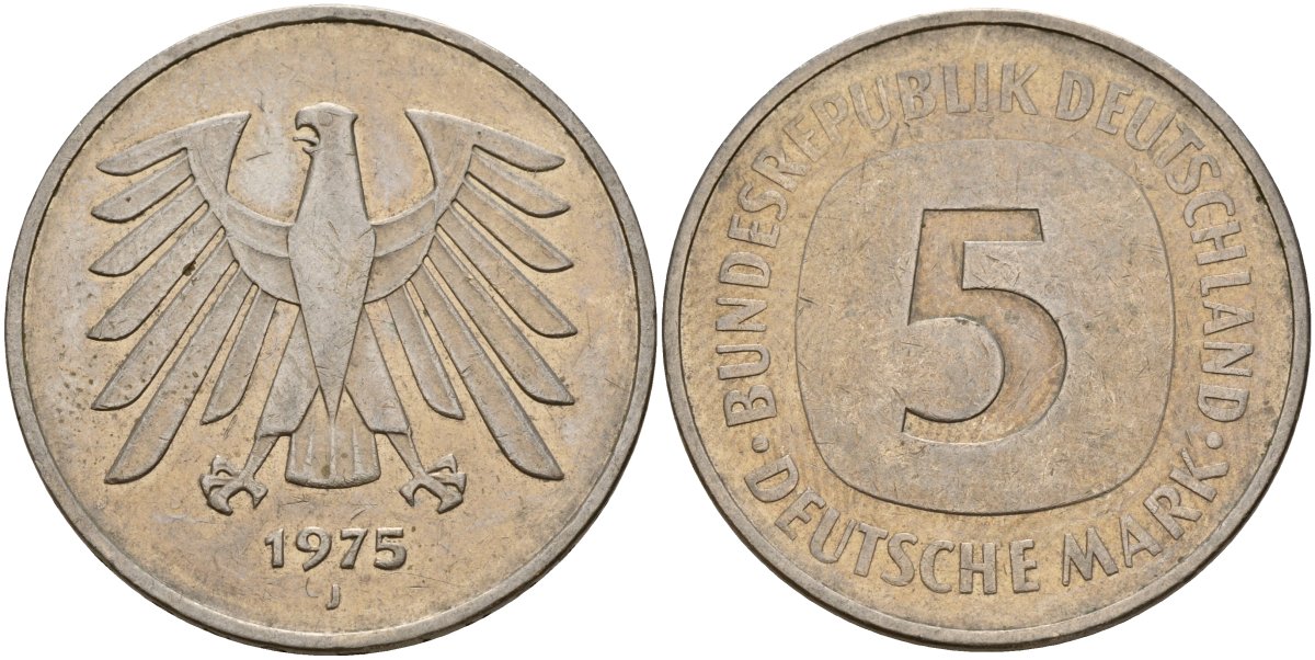 ФРГ 5 марок 1975 J, монетный двор Гамбург КМ 140.1, J. 415 медно-никель плакированный никелем 4157-234
