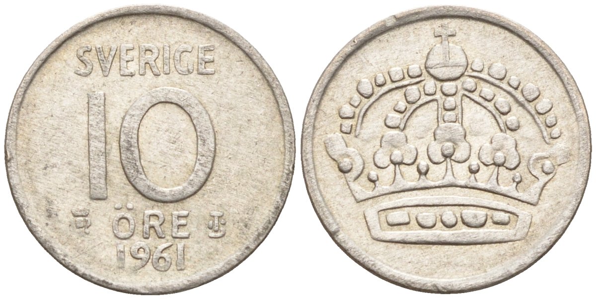 Швеция 10 эре 1961 Густав VI Адольф (1950-1973) KM 823 серебро 4147-931