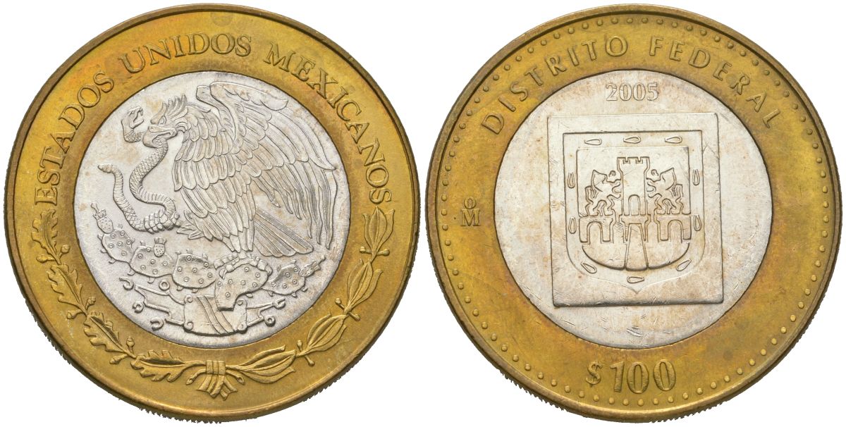 Мексика 100 песо 2005 180 лет Федерации - Федеральный округ KM 713 биметалл, серебро BU 00-1067-8-51