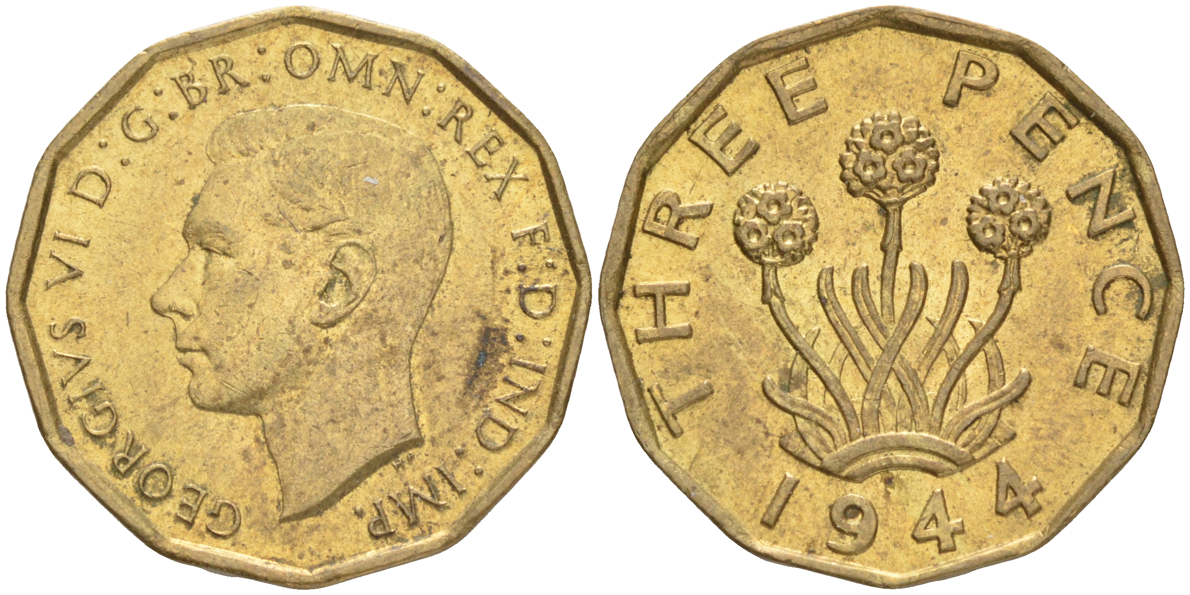 Великобритания 3 пенса 1943 Георг VI (1936-1952) KM 849, Spink 4112 никель латунь UNC 4556-453