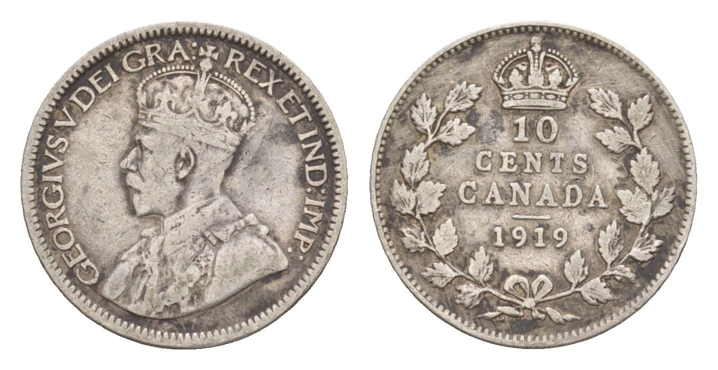 Канада 10 центов 1919 Георг V (1910-1936) KM 23 серебро 4655-446