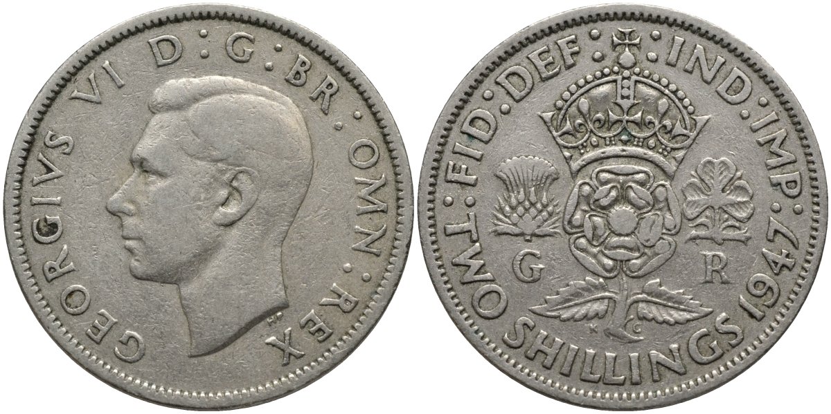 Великобритания 2 шиллинга (флорин) 1947 Георг VI (1936-1952) KM 865, Spink 4102 медно-никель 215-822