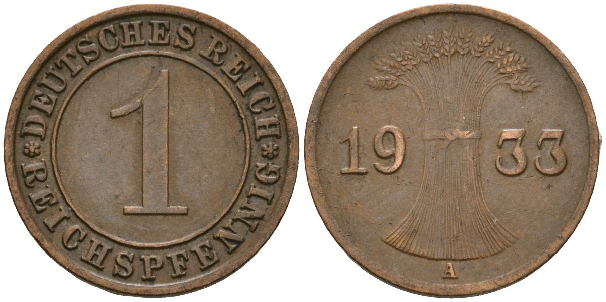 Германия 1 рейхспфенниг 1933 A KM 37, J. 313 бронза 4189-1218