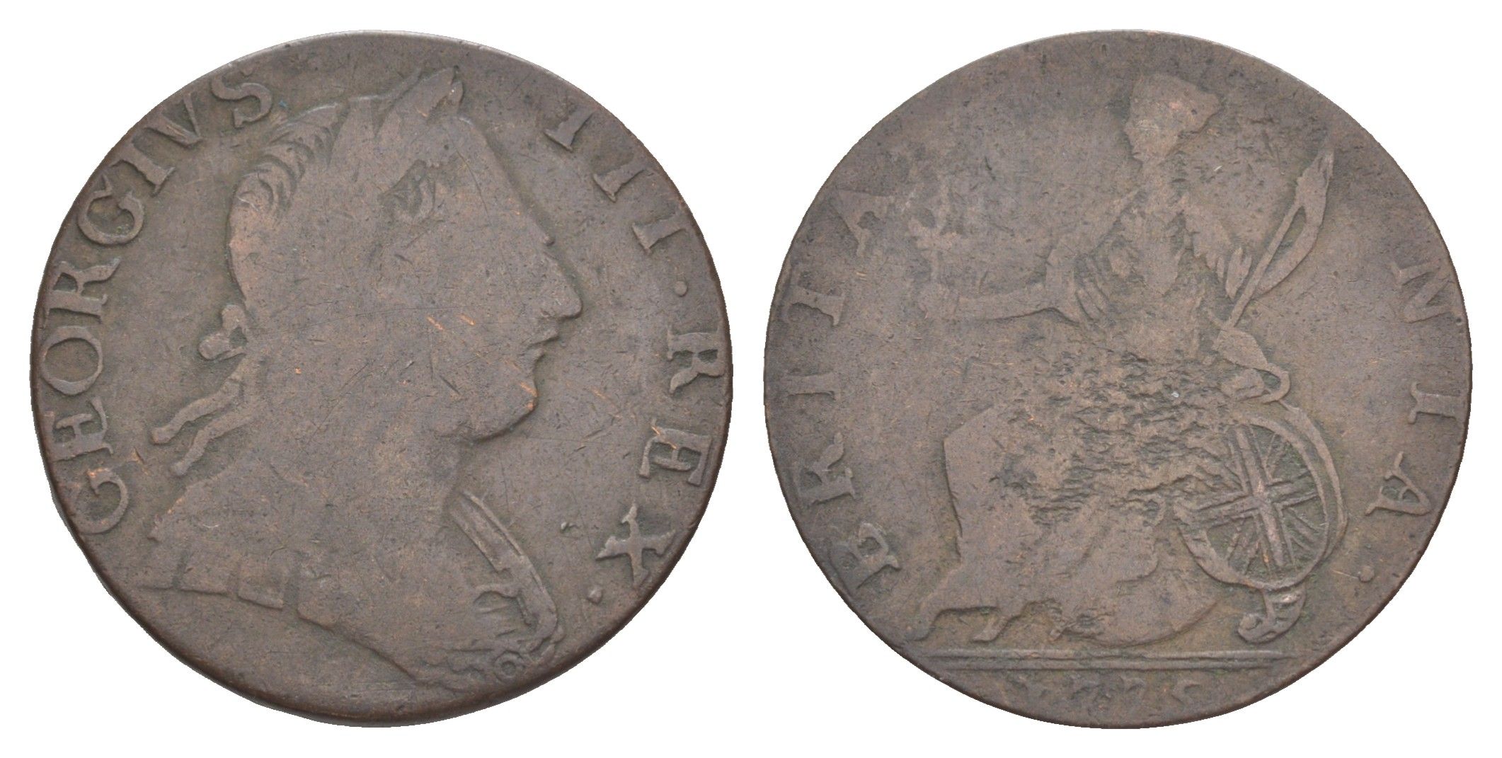 Великобритания 1/2 пенни 1775 Георг III (1760-1820) KM 601, Spink 3774 медь 1522-713
