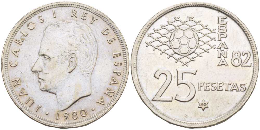 Испания 25 песет 1980 (80) чемпионат мира по футболу в Испании 1982 года, Хуан Карлос I (1975-) KM 818 медно-никель 3334-216