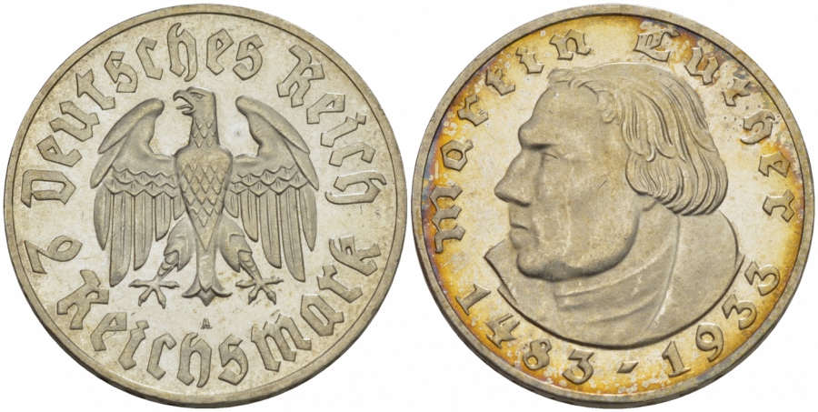 Германия 2 рейхсмарки 1933 A, 450 лет со дня рождения Мартина Лютера J. 352, KM 79 серебро PROOF 00-816-67