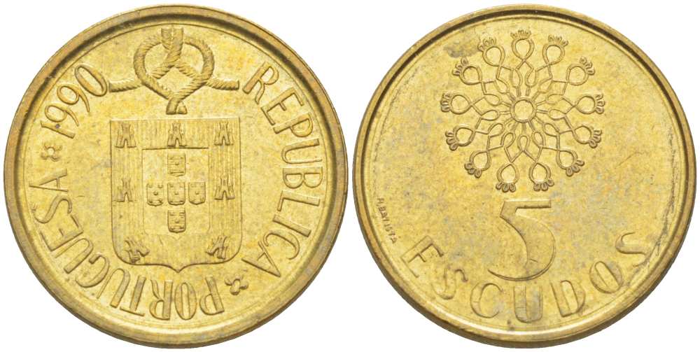 ПОРТУГАЛИЯ 5 ЭСКУДО 1990 KM 632 никель латунь XF+ 4513-1123