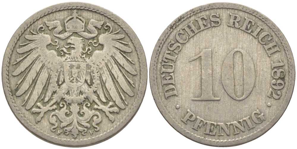 ГЕРМАНИЯ 10 ПФЕННИГОВ 1892 F KM 12, J. 13 медно-никель 4401-934